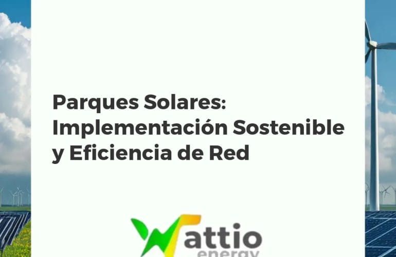 Vista aérea de un parque solar industrial con paneles fotovoltaicos y conexión a la red eléctrica, rodeado de paisaje natural.