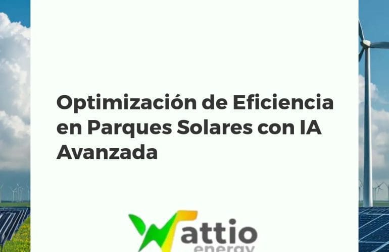 Vista aérea de un parque solar moderno al atardecer, con datos de IA superpuestos que muestran optimización y drones de inspección