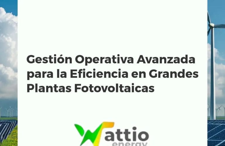 Gran planta fotovoltaica con infraestructura de monitoreo digital, paneles solares y un cielo vibrante al atardecer