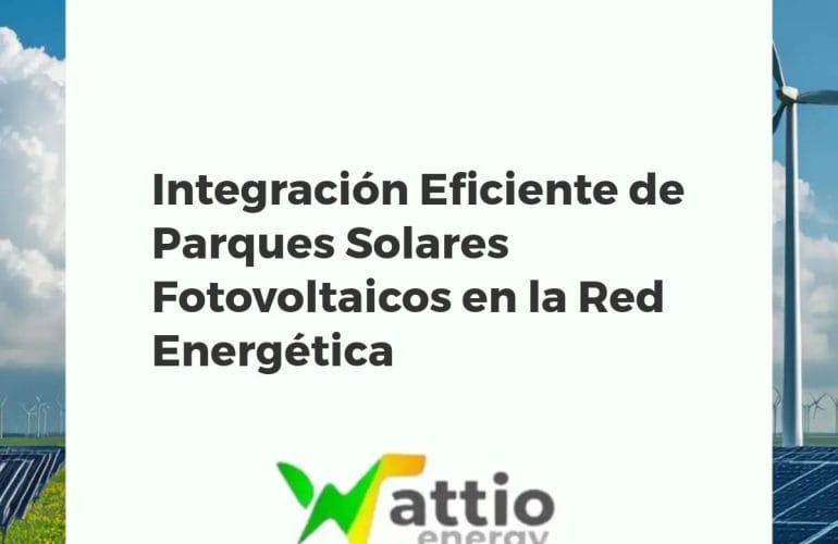 Parque solar fotovoltaico conectado a la red eléctrica, con paneles solares, subestación y líneas de transmisión.