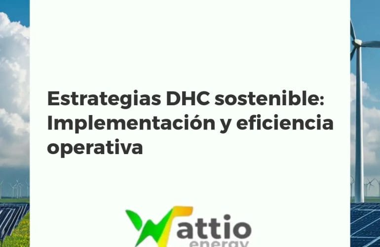 Infraestructura urbana con sistema DHC, tuberías interconectadas y fuentes de energía renovable como paneles solares.