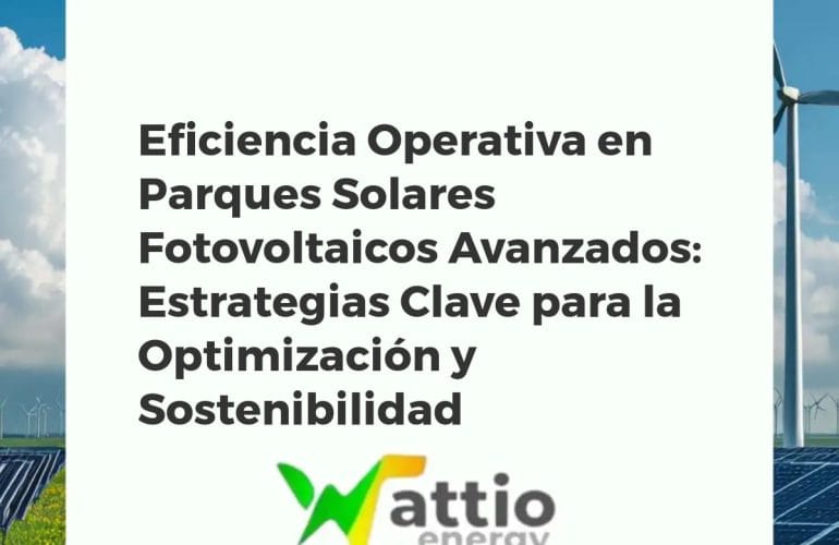 Vista aérea de un parque solar fotovoltaico avanzado al atardecer, con paneles, drones de inspección y monitoreo digital en tiempo real.