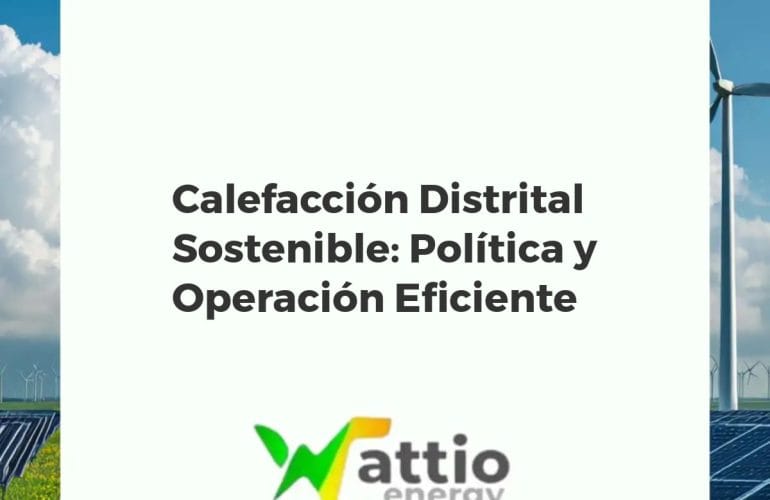 Red de calefacción distrital moderna en una ciudad verde con fuentes de energía renovable, representando sostenibilidad.