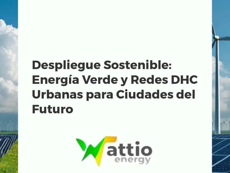 Ciudad del futuro con integración de energía solar, eólica urbana y redes DHC, destacando la sostenibilidad y eficiencia energética.